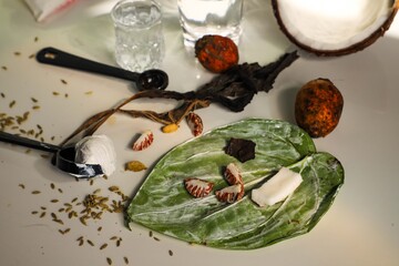 close up of a  betel nuts and leaves
