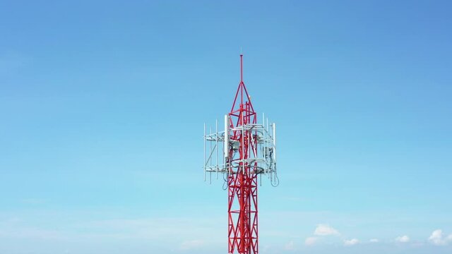 Footage 4k B-roll Aerial drone view of tower antennas Telecommunication cell phone, radio transmitters of cellular 5g 4g mobile and smartphones