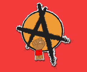 Fototapeta premium Symbol of fist with anarchy symbol background, isolated on red background.
