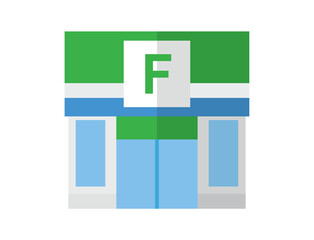 正方形で作られたフラットデザインカラーのコンビニエンスストアのアイコンまたはピクトグラム