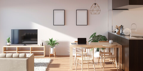 爽やかな光が差すリビングインテリア ホームオフィス・リモートワークの3Dレンダリンググラフィックス