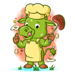 The cow with the yummy meat in his hand