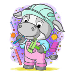The builder cow is holding hammer with the blue nail