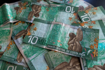 Close up view of the Costa Rica currency CSC 10 000 Colones money