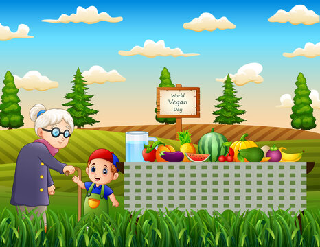 World Vegan Day background with old women and a boy in the garden