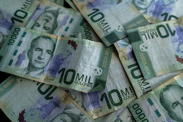 Close up view of the Costa Rica currency CSC 10 000 Colones money