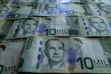 Close up view of the Costa Rica currency CSC 10 000 Colones money