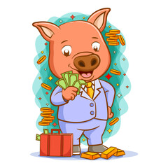 The pig with the coins and gold around him