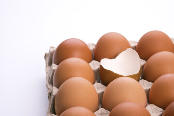 an opened empty cracked egg surround with full raw eggs in a tray on white background