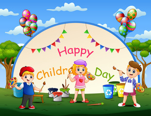 Obraz na płótnie Canvas Happy children's day template with kids painting