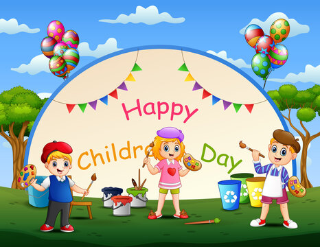 Happy children's day template with kids painting