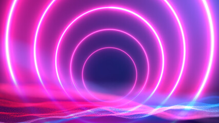 Sci Fi Modern Futuristic Circle Neon Circle Shaped  pink Glow Light in red blue particle background. 3D Rendering.