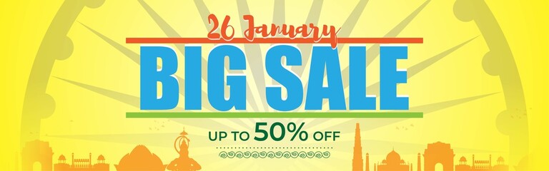 Vector banner of Republic day Big Sale, upto 50% off, 26 january, national holiday of India, ashoka chakra and Indian monuments in background, offer banner template for website.
