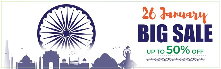 Vector banner of Republic day Big Sale, upto 50% off, 26 january, national holiday of India, ashoka chakra and Indian monuments in background, offer banner template for website.