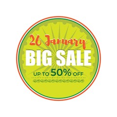 Fototapeta premium Vector banner of Republic day Big Sale, upto 50% off, 26 january, national holiday of India, ashoka chakra, offer banner template for website.
