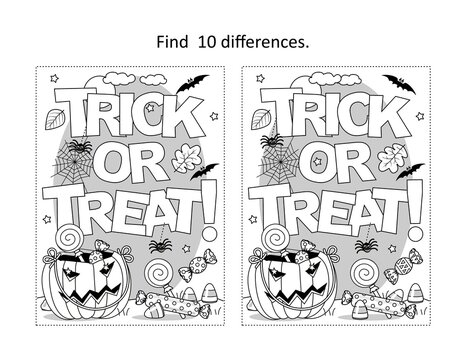 Find 10 differences visual puzzle and coloring page with Halloween "Trick or treat!" text
