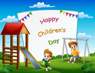 Happy children's day poster with kids playing in the park