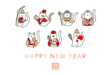 2021 日本の新年を祝う可愛い猫の七福神の年賀状用テンプレート　ベクターファイル　おしゃれ