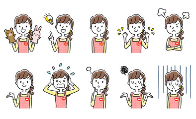 イラスト素材：若い保育士の女性、セット
