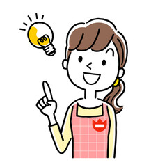 イラスト素材：若い保育士の女性、アイデア、思いつく
