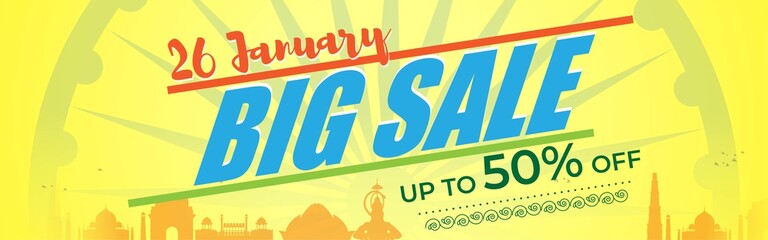 Vector banner of Republic day Big Sale, upto 50% off, 26 january, national holiday of India, ashoka chakra and Indian monuments in background, offer banner template for website.