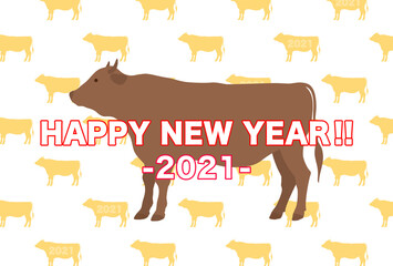 2021　年賀状　大きな牛とたくさん並ぶ牛のシルエットの年賀状