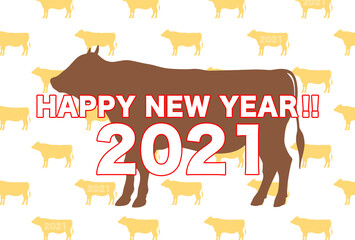 2021　年賀状　大きな牛とたくさん並ぶ牛のシルエットの年賀状