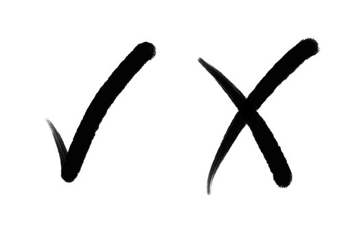 Check mark or tick and cross signs in black handwriting on white background for signs on page and making a choice yes or no and right or wrong concept