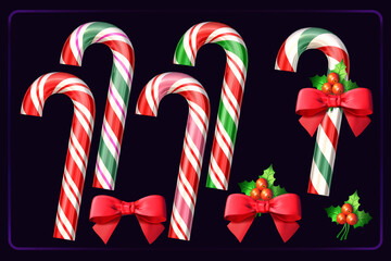 Colorful cane-shaped stick candies or candy canes decorated with a ribbon bow and red berries of holly plant. 3D rendered illustration isolated against a black background
