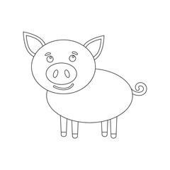 Coloring pages. Black and white. Little cute piglet stands and smiles.