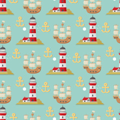 Fototapeta na wymiar Vector sea seamless pattern with lighthouse, anchor and ship. Marine background for poster, invitations, textile