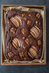 chocolate brownie with pears and walnuts
