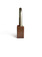 Old golden key lock on white background