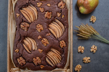 chocolate brownie with pears and walnuts