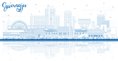 Outline Gwangju South Korea City Skyline with Blue Buildings and Reflections.