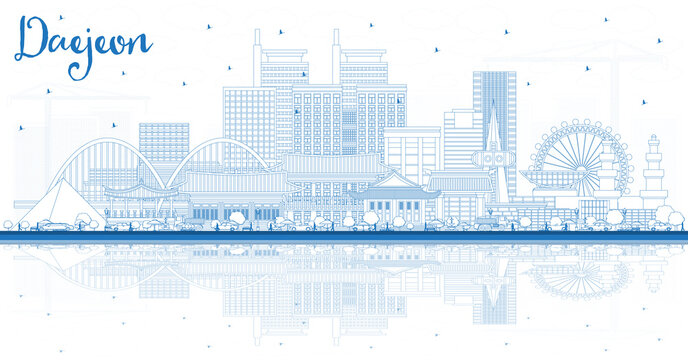 Outline Daejeon South Korea City Skyline with Blue Buildings and Reflections.