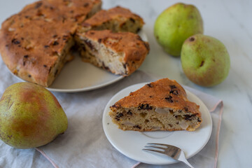 autumn pie with chocolate chips and pears
