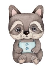 Cute cartoon  raccoon, watercolor sketch illustration icon.