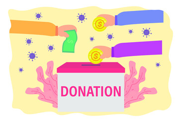 Donation vector concept: Hands putting money into donation box with coronavirus background