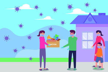 Donation vector concept: Woman wearing face mask and giving groceries cardboard with donation text to family in face mask with coronavirus background