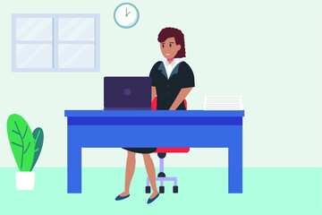 Success businesswoman vector concept: Young businesswoman working with laptop while sitting on the desk