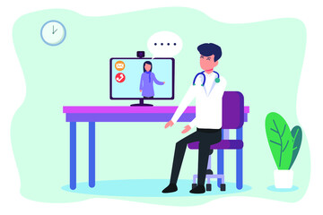 Online doctor vector concept: Young woman doing consultation with male doctor while doing video conference 