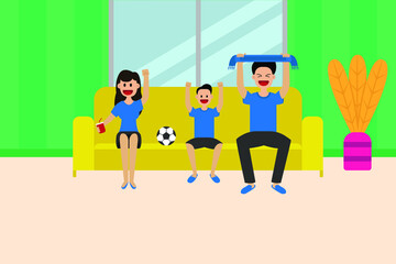 Football match vector concept: Little boy and young parents watching football match on television 