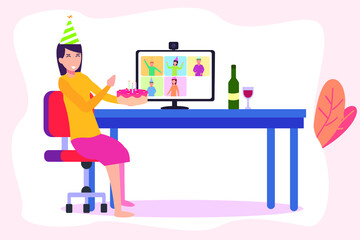 Birthday online vector concept: Young woman celebrating her birthday on video conference during pandemic of corona virus