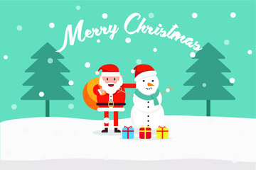 Christmas day vector concept: Santa claus and snowman standing together with word of merry christmas