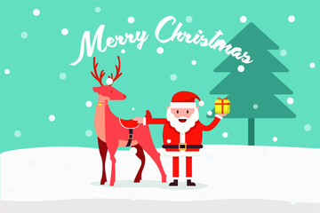 Christmas day vector concept: Santa claus holding a gift with his reindeer while standing on the snow land