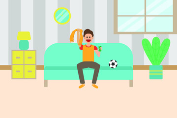 Football match vector concept: Young man watching football match on television while sitting on the sofa