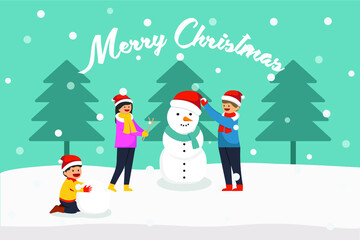 Christmas day vector concept: Young parents and little son playing snowman together with word of merry christmas