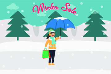 Shopping in winter sale vector concept: Young woman carrying shopping bag while holding an umbrella with word of winter sale