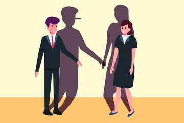 Obraz premium Liar business vector concept: Liar businessman with long nose shadow talking with businesswoman